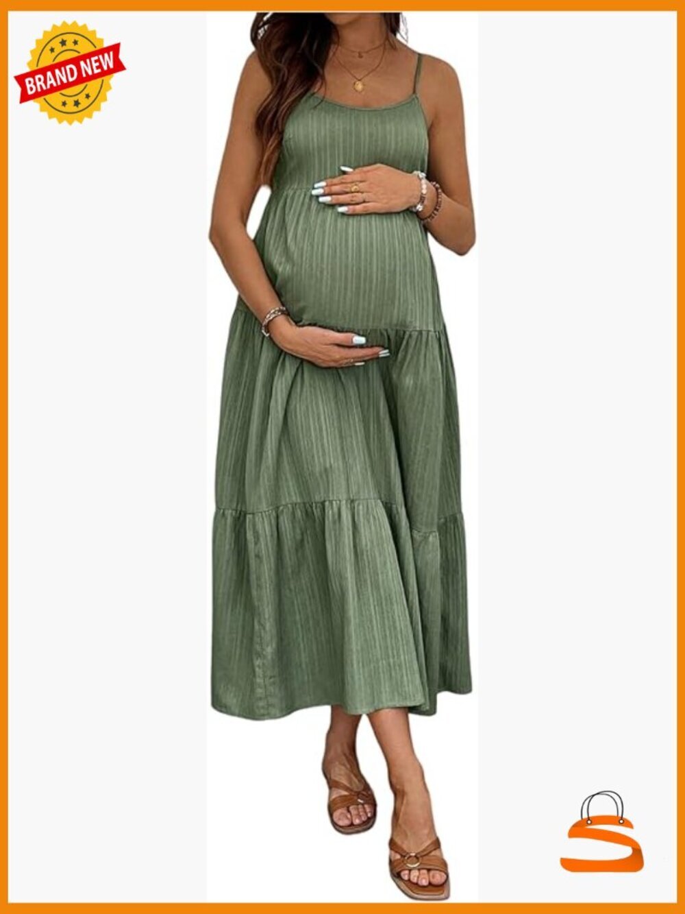 Maternity Spaghetti Strap Layered Ruffle Cami Dress Sleeveless Maxi